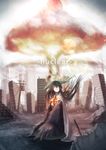  black_hair black_wings bow cape city commentary_request day destruction embers english explosion feathered_wings fire green_skirt hair_bow highres kirisame_tarou lens_flare long_hair long_skirt looking_up mushroom_cloud orange_eyes parted_lips power_lines reiuji_utsuho ruins seiza shirt sitting skirt sky solo sun telephone_pole third_eye touhou white_shirt wings 