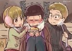  2boys bench borrowed_garments brown_eyes brown_hair check_translation coat crying earmuffs eating extra food glasses glasses_boy_(osomatsu-san) hamburger jacket_on_shoulders kl matsuno_ichimatsu multiple_boys osomatsu-kun osomatsu-san runny_nose scarf short-haired_girl_(osomatsu-san) short_hair snot spiked_hair sweatdrop translation_request turtleneck twitter_username winter_clothes 