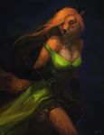  2016 anthro black_background black_fur black_nose bracelet breasts brown_fur canine clothed clothing darkness digital_media_(artwork) dress evening_gown eyebrows female fox fur hair hi_res inner_ear_fluff jewelry long_hair looking_away mammal multicolored_fur necklace oouna orange_fur orange_hair red_eyes running simple_background solo tan_fur 