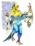  2016 alpha_channel anthro avian beak black_eyes black_feathers blue_feathers brown_scales claws cute english_text feathered_wings feathers female green_sclera looking_at_viewer nude open_mouth parakeet scales silverbirch solo text toe_claws tongue tuft white_claws white_feathers wings yellow_feathers 