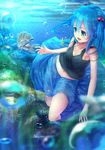  adapted_costume air_bubble algae black_panties black_shirt blue_eyes blue_hair blue_skirt blurry borushichi breasts bubble caustics cleavage collarbone day depth_of_field fish freediving gradient_eyes green_eyes hair_bobbles hair_ornament kawashiro_nitori key_necklace legs_up light_rays medium_breasts midriff multicolored multicolored_eyes navel open_mouth panties reflective_eyes shirt skirt smile solo swimming tank_top thighs touhou two_side_up underwater underwear 