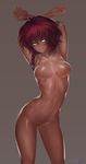  absurdres aqua_eyes arched_back armpits arms_behind_head arms_up ass_visible_through_thighs braid breasts collarbone contrapposto dark_skin highres looking_at_viewer mayhem medium_breasts navel no_nipples no_pussy nude original red_hair short_hair single_braid solo standing 