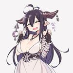  :d ^_^ antenna_hair bandaged_arm bandages black_gloves black_hair breasts bursting_breasts chan_co cleavage closed_eyes crescent danua draph dress fingerless_gloves gloves granblue_fantasy hair_between_eyes horn_ornament horns jewelry large_breasts long_hair md5_mismatch necklace open_mouth pointy_ears smile solo strap_pull white_dress 