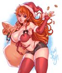  1girl arm_warmers ass bag bangs bikini bikini_top blushypixy breasts cleavage closed_mouth coin curvy earrings eyebrows_visible_through_hair fur_trim hat hips jewelry large_breasts lips long_hair looking_at_viewer nami_(one_piece) navel one_piece orange_hair red_bikini red_eyes red_legwear santa_hat short_shorts shorts solo standing stomach swimsuit thighhighs thighs thong white_background 