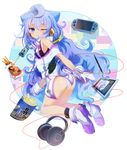  akg ass bare_shoulders blue_eyes blue_hair blush boots flat_ass food from_behind gloves hacka_doll hacka_doll_3 handheld_game_console headphones k701 long_hair looking_at_viewer looking_back male_focus one_eye_closed otoko_no_ko playstation_vita solo tablet white_gloves yudough 