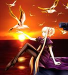  aoki_hagane_no_arpeggio bird blonde_hair dress exis kongou_(aoki_hagane_no_arpeggio) long_hair pantyhose red_eyes seagull solo sunset twintails two_side_up 
