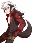  animal_ears black_hair craneace fire_emblem fire_emblem_if flannel_(fire_emblem_if) long_hair male_focus multicolored_hair scar simple_background solo tail two-tone_hair white_background white_hair wolf_ears wolf_tail 