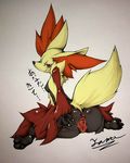 anus breasts canine claws delphox ear_fuzz feet female fluffy_tail fox inner_ear_fluff invalid_tag mammal nintendo pok&eacute;mon pussy red)eyes smile solo spread_pussy spreading tagme tamanosuke text translated video_games 