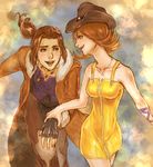  1girl bad_id bad_pixiv_id breasts brown_hair cowboy_hat final_fantasy final_fantasy_viii flipped_hair gloves green_eyes hand_grab hat highres irvine_kinneas jacket long_hair open_mouth selphie_tilmitt short_hair skirt smile yellow_skirt 