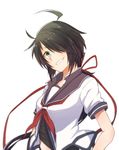  ahoge black_hair commentary_request hair_ornament hair_over_one_eye highres kako_(kantai_collection) kantai_collection looking_at_viewer midriff open_mouth ponytail red_ribbon remodel_(kantai_collection) ribbon school_uniform serafuku short_hair smirk solo tsukamoto_minori 