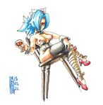  blue_hair breasts chair choker drink hair_over_one_eye high_heels moroon nipples nurse skullgirls valentine_(skullgirls) 