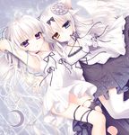  :o animal_ears breasts cat_ears cleavage constellation crescent dress hair_ornament heterochromia long_hair multiple_girls no_panties original rolo_noir silver_hair single_thighhigh small_breasts starry_sky_print thighhighs tsukikage_nemu wings 