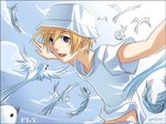  1boy birds blonde_hair bucket_hat digimon hat male_focus solo t-shirt takaishi_takeru white_hat white_shirt 