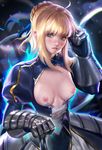  armor artoria_pendragon_(all) banned_artist breasts breasts_outside dress fate/stay_night fate_(series) highres nipples no_bra open_clothes open_shirt saber sakimichan shirt small_breasts solo sword weapon 
