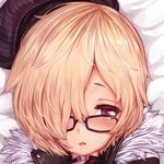  blonde_hair blush brown_eyes choker fur_trim glasses hat idolmaster idolmaster_cinderella_girls looking_at_viewer lying on_back parted_lips shiokonbu shirasaka_koume short_hair solo 