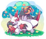  fangs flower gen_3_pokemon grass halftone no_humans pokemon pokemon_(creature) seviper simple_background takashino_(noni-nani) tree white_background zangoose 