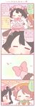  4koma animal_ears black_hair blush bow brown_hair closed_eyes comic flying_sweatdrops fur_trim gloves hair_bow hamster_ears hamster_hood koizumi_hanayo love_live! love_live!_school_idol_project multiple_girls red_eyes saku_usako_(rabbit) skirt translated twintails u_u yazawa_nico |_| 