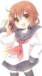  brown_eyes brown_hair commentary_request fang hair_ornament hairclip hand_on_hip highres ikazuchi_(kantai_collection) kantai_collection looking_at_viewer neckerchief open_mouth pose ro_(igris-geo) school_uniform serafuku short_hair skirt smile solo thighhighs 