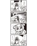  4koma :3 bkub bow comic greyscale hair_bow highres long_hair monochrome multiple_girls pipimi poptepipic popuko school_uniform serafuku sidelocks simple_background translated two-tone_background two_side_up welding welding_mask 