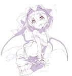  1girl bat_wings bloomers bloomers_pull blush bound bound_wrists bow bra breasts fang hat kedama_milk looking_at_viewer monochrome navel open_mouth panties pointy_ears remilia_scarlet ribbon short_hair side-tie_panties small_breasts solo_focus strap_slip touhou underwear underwear_only wings 