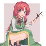  asa_(coco) blue_eyes blush braid chinese_clothes hong_meiling long_hair looking_at_viewer no_hat no_headwear red_hair solo squatting stick touhou twin_braids 