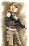  assault_rifle ayyh baseball_cap blonde_hair cargo_pants eotech gun hat highres load_bearing_vest m4_carbine military_operator original pants rifle trigger_discipline weapon 