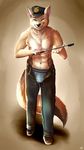  abs anthro black_nose bulge canine chibity clothing dog fangs fur german_shepherd hybrid jeans looking_at_viewer male mammal navel pants police_hat riding_crop simple_background solo standing tan_fur teeth underwear whip wolf 
