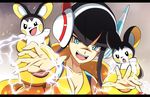  1girl :d black_hair blue_eyes emolga gym_leader headphones kamitsure_(pokemon) lightning open_mouth parody pokemon pokemon_(game) pokemon_bw pokemon_bw2 smile star_wars vivivoovoo 