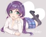  asa_(coco) black_legwear blue_skirt breasts cleavage copyright_name green_eyes grey_background heart long_hair looking_at_viewer love_live! love_live!_school_idol_project lying medium_breasts on_stomach plaid plaid_skirt purple_hair skirt solo thighhighs toujou_nozomi twintails 