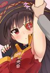  arm_up armpits black_gloves black_hair blush breasts eyepatch fingerless_gloves gloves hat kono_subarashii_sekai_ni_shukufuku_wo! megumin red_eyes short_hair small_breasts solo_focus suzuki_toto triangle_mouth witch_hat 