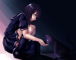  animal black_hair cat kneehighs mizutsuki_rei original purple_eyes 