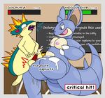  ballbusting balls breasts cock_and_ball_torture cum english_text erection female male male/female nidoqueen nintendo nipples nude open_mouth pain penis pok&eacute;mon quilava text video_games 