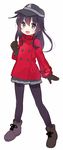  akatsuki_(kantai_collection) alternate_costume anchor_symbol bad_id bad_pixiv_id black_eyes black_hair boots casual clenched_hand flat_cap full_body gloves hat jacket kantai_collection long_hair muhogame pantyhose solo white_background 