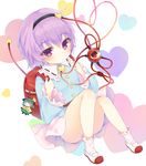  5th_grade_loli backpack bag bag_charm blush bow character_doll charm_(object) eyeball full_body hair_bow hairband hat heart heart_of_string komeiji_koishi komeiji_satori mirei purple_eyes purple_hair randoseru short_hair skirt solo third_eye touhou 