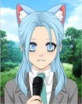  animal_ears blue_eyes blue_hair bluestar blush cat_ears close-up cloude day grass microphone personification silverfeather222 sky tree warrior_cats 