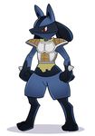  armor breastplate clothed_pokemon cosplay dragon_ball dragon_ball_z dragonball_z full_body highres lucario no_humans pointy_ears pokemon shoulder_pads simple_background solo spikes splashbrush standing super_smash_bros. vegeta vegeta_(cosplay) white_background 