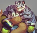  2015 anthro athletic biceps big_muscles black_fur black_nose blue_eyes brown_fur clenched_teeth clothed clothing domination duo elbow_pads faceless_male fangs feline fur knee_pads looking_away male mammal manly markings muscular muscular_male null-ghost pecs shadow sharp_teeth shiny simple_background stripes struggling tan_fur teeth tiger topless unknown_species wrestler wrestling 