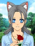  animal_ears blue_eyes cat_ears cloud day feathertail flower grass grey_hair jewelry necklace personification rose silverfeather222 sky tree warrior_cats 