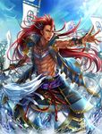  abs banner bird dark_skin dark_skinned_male faceless faceless_male jewelry long_hair male_focus mitsunari_miyako multicolored_hair necklace open_mouth original red_eyes red_hair sengoku_taisen shirtless sky solo_focus tree two-tone_hair very_long_hair water white_hair 