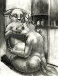  2016 anthro arkomeda big_breasts black_and_white blush breasts butt canine clothing disney duo female fox fur hair hi_res invalid_tag judy&#039;s_mom kitchen lagomorph long_ears lying male mammal mature_female monochrome nick_wilde nipples nude open_mouth rabbit smile tit_sucking tongue zootopia 