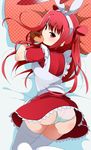  animal_ears ass beatmania beatmania_iidx bunny_ears doughnut food from_behind hairband haseneko highres long_hair looking_at_viewer lying mouth_hold on_stomach panties pantyshot pillow polka_dot_pillow red_eyes red_hair solo thighhighs two_side_up umegiri_ameto underwear white_panties 