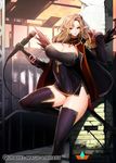  against_wall black_legwear blonde_hair breasts coat commentary_request copyright_name curvy hair_ornament knee_up korean_commentary large_breasts long_hair looking_at_viewer microphone open_clothes open_coat pointy_ears qurare_magic_library red_eyes smile snowball22 solo thighhighs zettai_ryouiki 