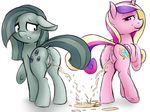  2016 anus blush butt colored cutie_mark duo earth_pony equine fearingfun female feral friendship_is_magic hair hooves horn horse long_hair looking_at_viewer mammal marble_pie_(mlp) multicolored_hair my_little_pony peeing pony princess_cadance_(mlp) pussy simple_background smile urine watersports white_background winged_unicorn wings 