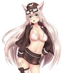  animal_ears blue_eyes blush breasts hat highres long_hair medium_breasts navel open_mouth qurare_magic_library rommeling simple_background solo tail very_long_hair white_background 