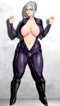  1girl breasts catsuit cleavage female glasses grey_hair hair_bun highres huge_breasts hyji long_hair looking_at_viewer makeup nipples open_clothes open_shirt partially_visible_vulva prison_school shiraki_meiko silver_hair spread_legs sweat 