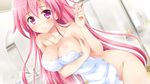  bathroom blush breasts collarbone covered_nipples covering dutch_angle game_cg hair_twirling harukaze_sensation! highres ko~cha large_breasts long_hair looking_at_viewer mirror miyatsuki_haruka nude nude_cover pink_eyes pink_hair smile solo towel very_long_hair wet 