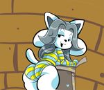  anthro butt canine cat clothed clothing dog drillbutts feline female fur hair looking_back mammal open_mouth panties smile solo tem temmie_(undertale) undertale underwear video_games white_fur 