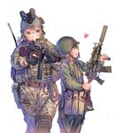  america ammunition_pouch assault_rifle daito eotech gun heart helmet holding holding_gun holding_weapon holster laser_sight load_bearing_vest m4_carbine military military_uniform multiple_girls night_vision_device original pouch rifle submachine_gun suppressor thompson_submachine_gun trigger_discipline uniform vertical_foregrip weapon 