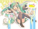  armpits black_footwear black_legwear blush boots detached_sleeves full_body green_eyes green_hair hatsune_miku headset long_hair looking_at_viewer md5_mismatch murakami_yuichi necktie open_mouth outstretched_arms skirt smile solo thigh_boots thighhighs twintails very_long_hair vocaloid 