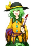  bad_id bad_pixiv_id blade blood bloody_tears bloody_weapon blouse bow crying diamond_(shape) floral_print frilled_shirt_collar frilled_sleeves frills green_hair green_skirt hat hat_bow highres holding holding_weapon kan_(aaaaari35) komeiji_koishi long_sleeves rose_print self-mutilation shirt short_hair simple_background skirt solo stenciled_rose third_eye touhou weapon white_background wide_sleeves yellow_shirt 